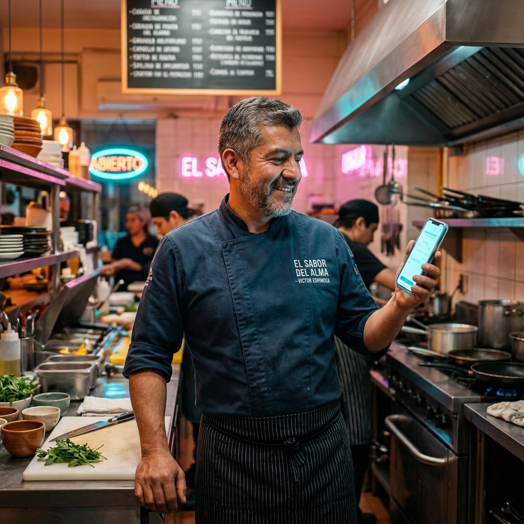Chef preparando comida con asistencia de pedidos automática